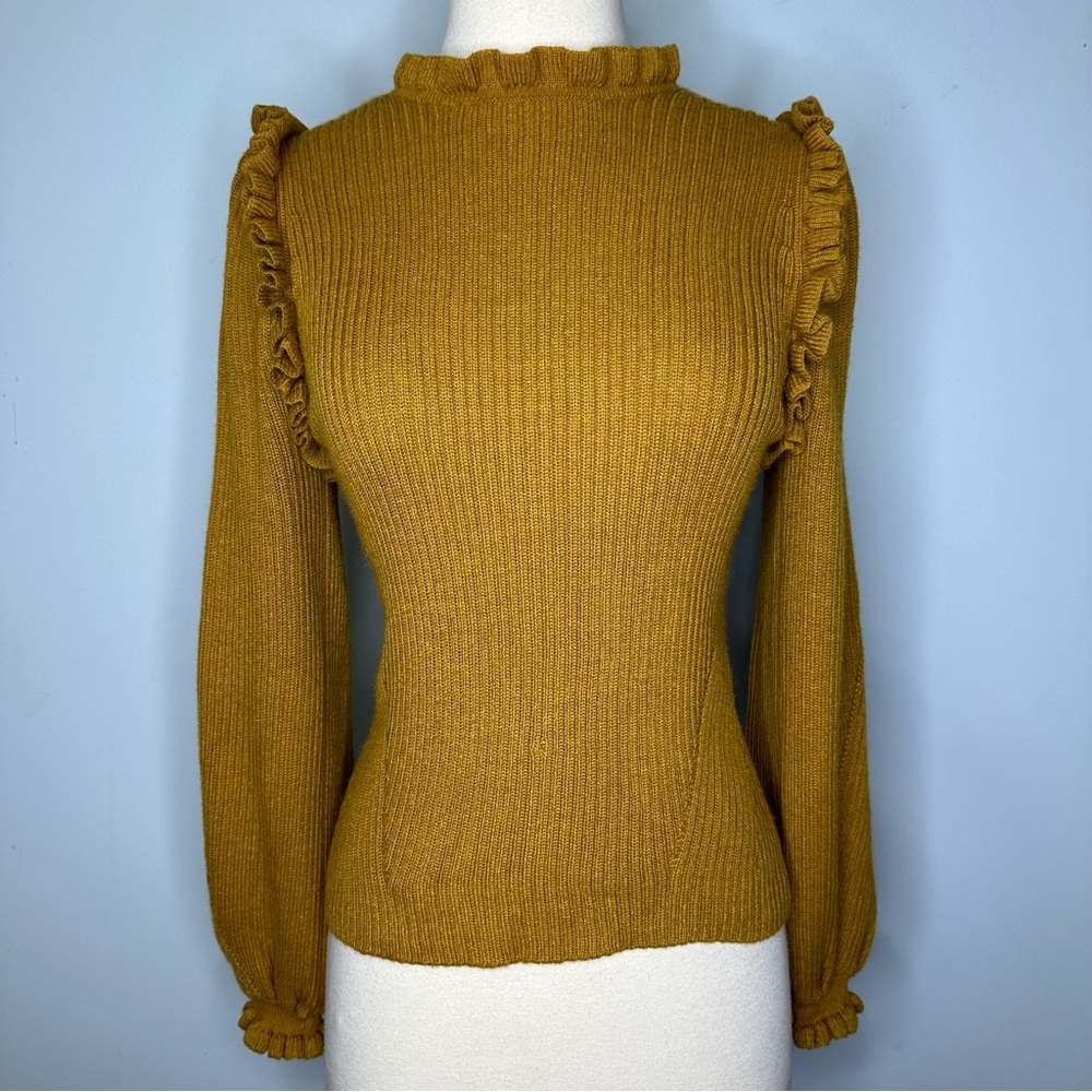 Ulla Johnson Mustard Yellow Ribbed Knit Ruffle Trim Baby Alpaca Sweater Size S